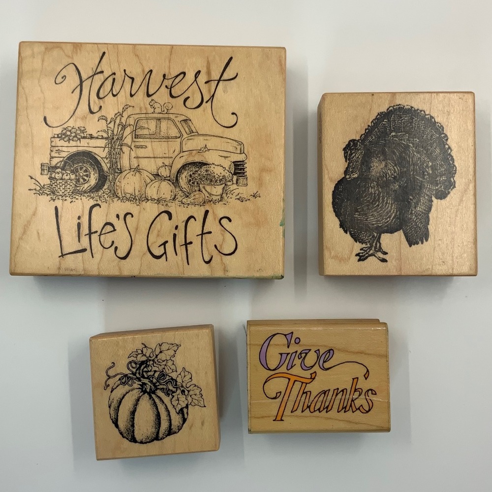 Vintage PSX Hero Arts Harvest Thanksgiving Rubber Stamp Lot Wood Set of 4